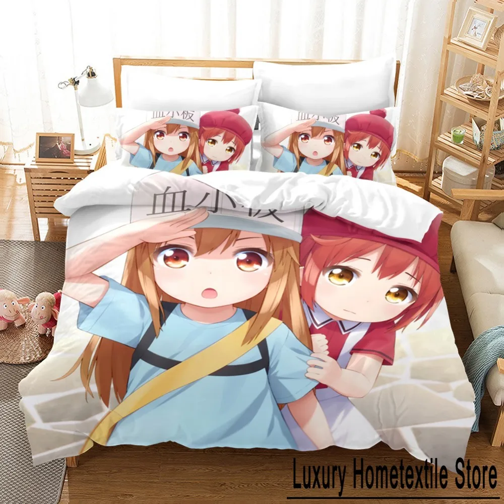 Anime Girls Bedding Set Cells at Work Duvet Cover Pillowcase Cartoon Comforter Cover Set 2/3 Piece Bed Linen Set for Teens Boys