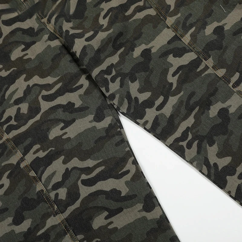 【Mirrordust】Camuflagem cimitarra exército verde calças dos homens emendados retro high street solto perna larga denim calças ao ar livre homem