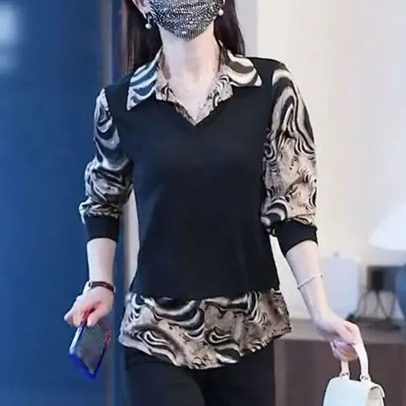 Office Lady Vintage Printed Patchwork Blouse 2023 Spring Autumn Long Sleeve Fake Two Pieces Fashion Polo-Neck Korean Loose Shirt