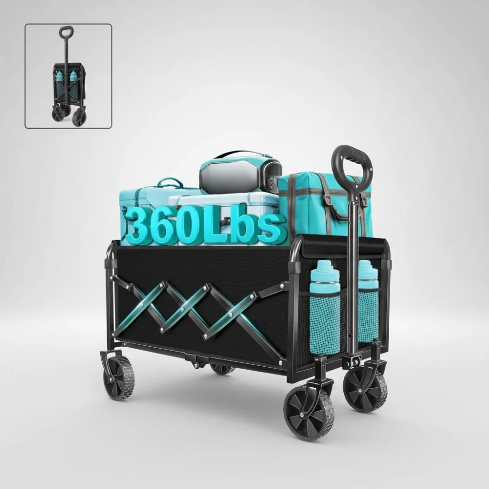 

Foldable Collapsible Wagon Cart with Wheels, Durable Portable Utility for Groceries Picnic Pets Moving Storage, 360lbs Capacity