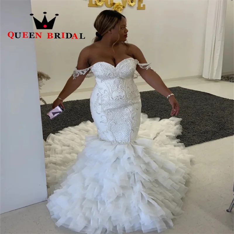 Sweetheart Mermaid Wedding Dresses Luxury Beading Crystal Off Shoulder Ruffles Train Bridal Gowns Vestidos De Novia Custom S08Y