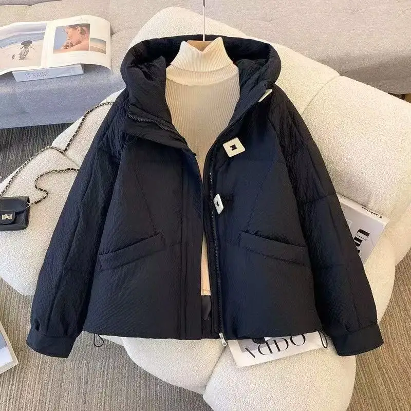 Women's Winter Checkered Hooded Cotton-Padded Jacket Short Casual Versatile Fashionable Coat for Ladies in Cold Weather