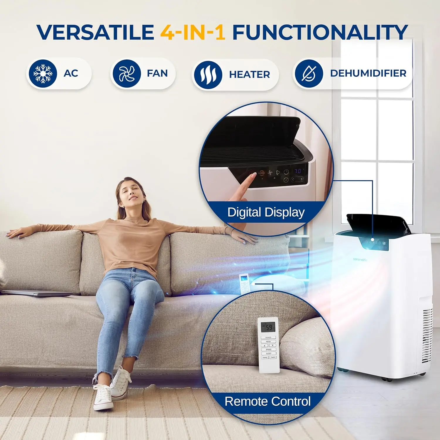 Draagbare airconditioner 4-in-1 met verwarming - Compacte staande airconditioner voor kamer tot 400 m2. Ft. Vloer AC-eenheid met Re