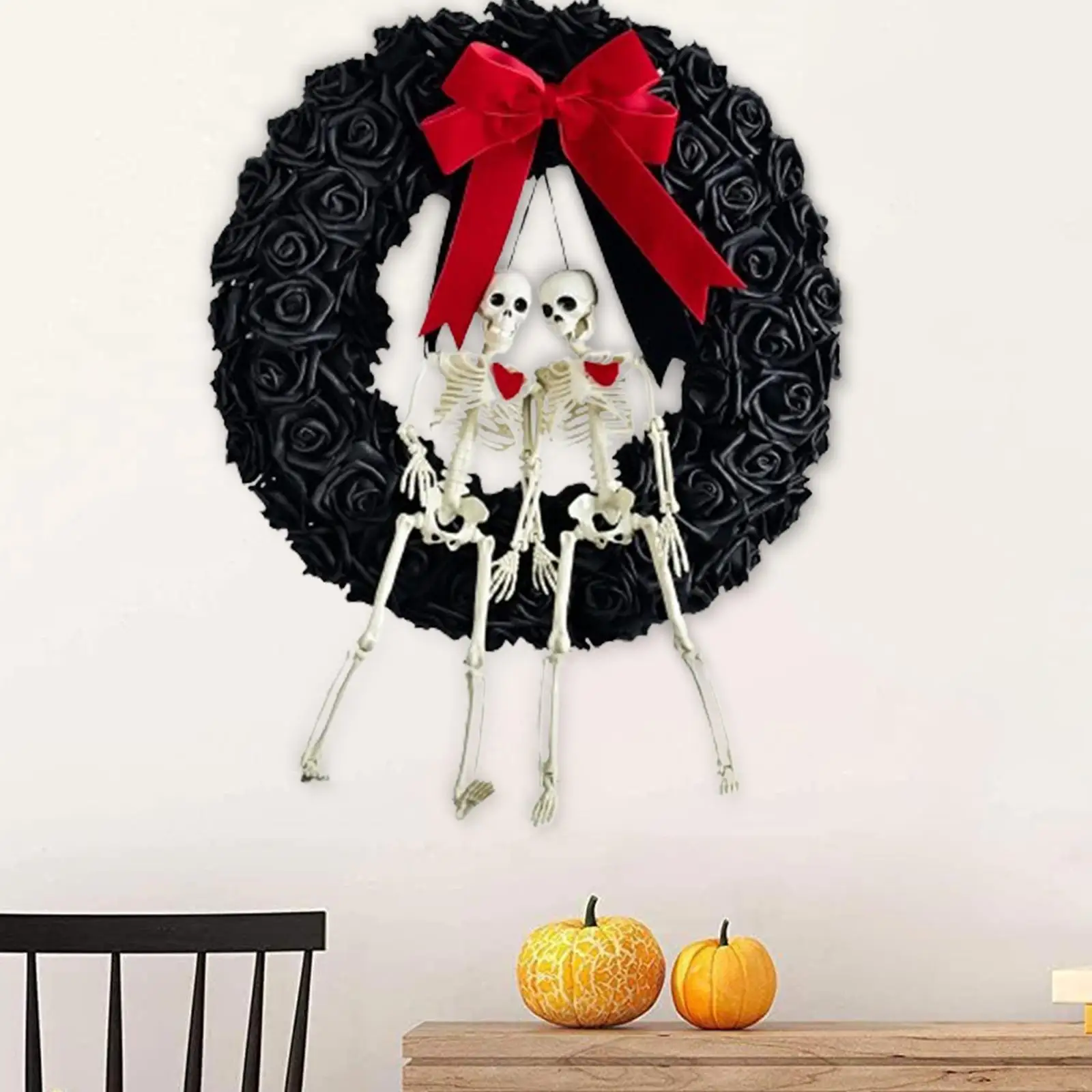 

Halloween Wreath Hanging Spooky Versatile Couple Skeletons Black Rose Wreath Skull Wreath for Club Farmhouse Ornament Home Party