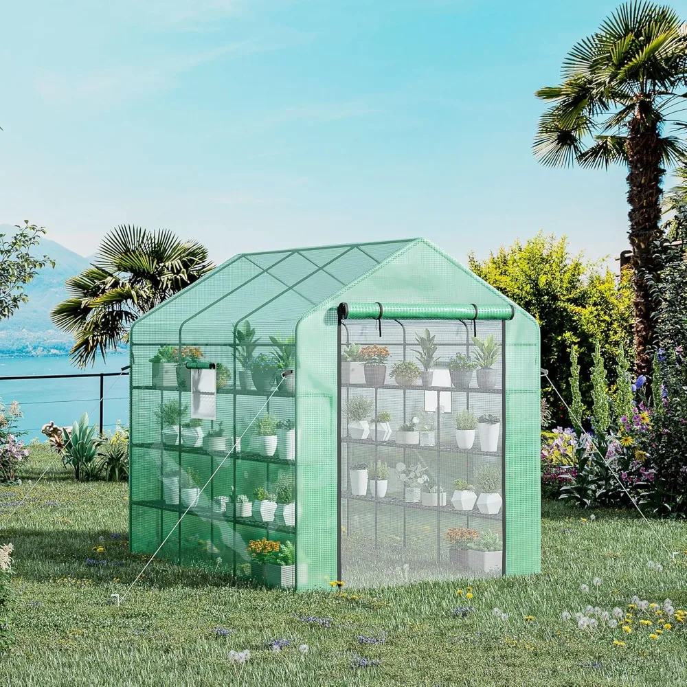 8' x 6' x 7' Walk-in Greenhouse with Mesh Door and Windows, 18 Shelf Green House with Trellis, Plant Labels, UV Protective,Green