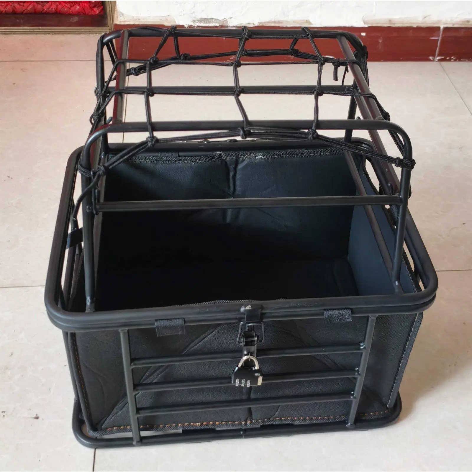 Bike Basket Rear Rack Iron Pet Carrier Clip Lid Organizer Cargo Basket for Electric Bicycle Walks Visits and Travel