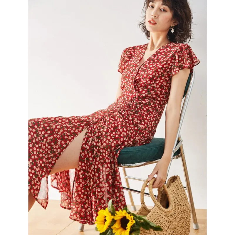 

Johnature Summer 2025 New Shirred Fishtail Floral V-Neck Dress French Split Ruffle Sleeve Women Slim Dresses