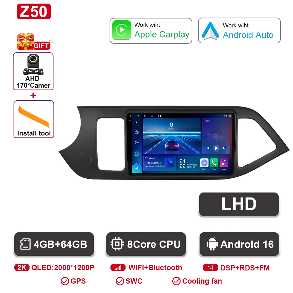 Android 16 Voor KIA PICANTO Ochtend 2011 2012 2013 2014 2015 2016 Carplay Auto Multimedia Autoradio Navigatie Speler WIFI + 4G DSP