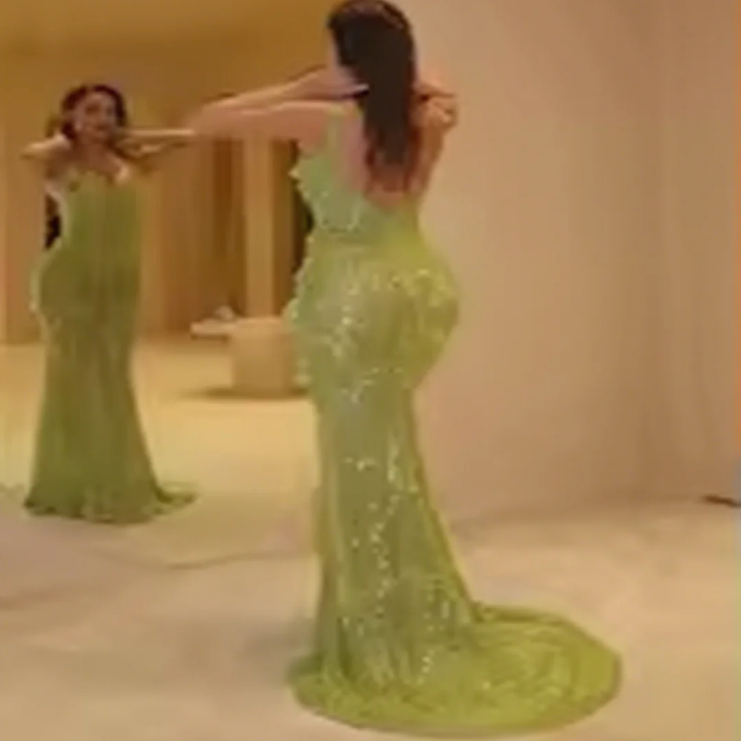 

Customized Mermaid Shiny Sequins Prom Dresses Crystals Spaghetti Strap Formal Prom Dresses