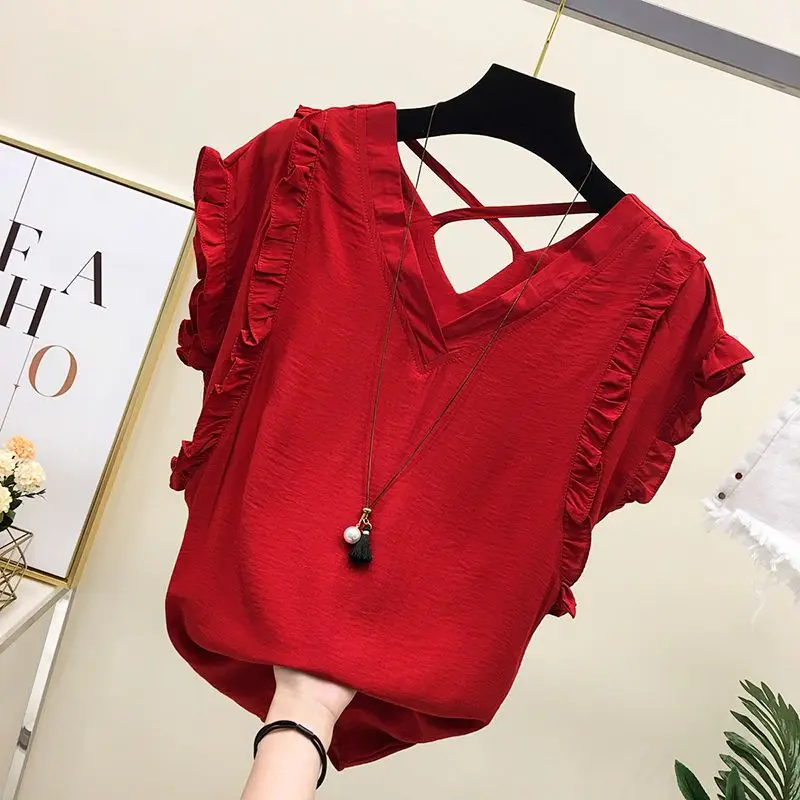 Sweet V-Neck Spliced Ruffles Butterfly Sleeve Blouse Female Clothing 2023 Summer New Loose Casual Pullovers Office Lady Shirt