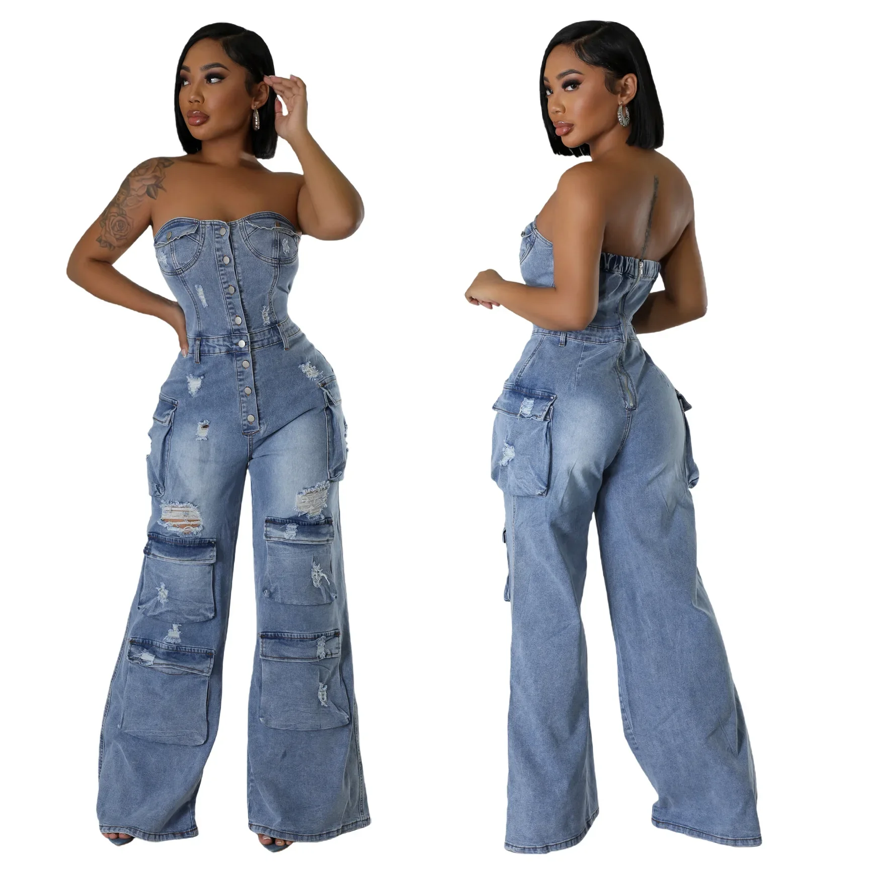 Europe and The United States Sexy Wipe Chest Slim-fit Denim Jumpsuit, Stylish Casual Denim Jumpsuit with Pocket Women Overalls