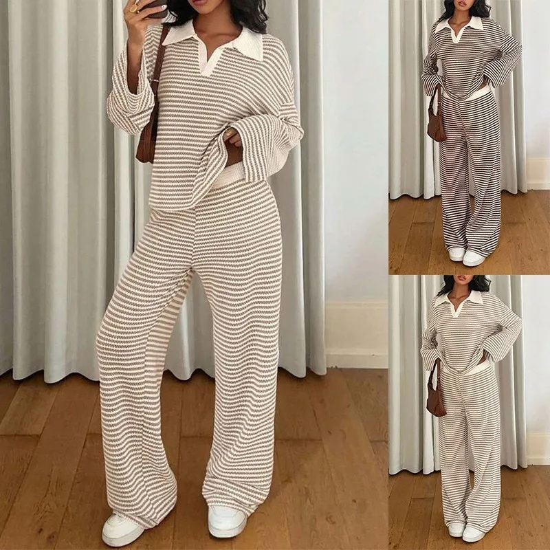 Women's Striped 2 Piece Lounge Set Long Sleeve Contrast Collar Polo Loose Top and Wide Leg Pants Casual Autumn Matching Suit