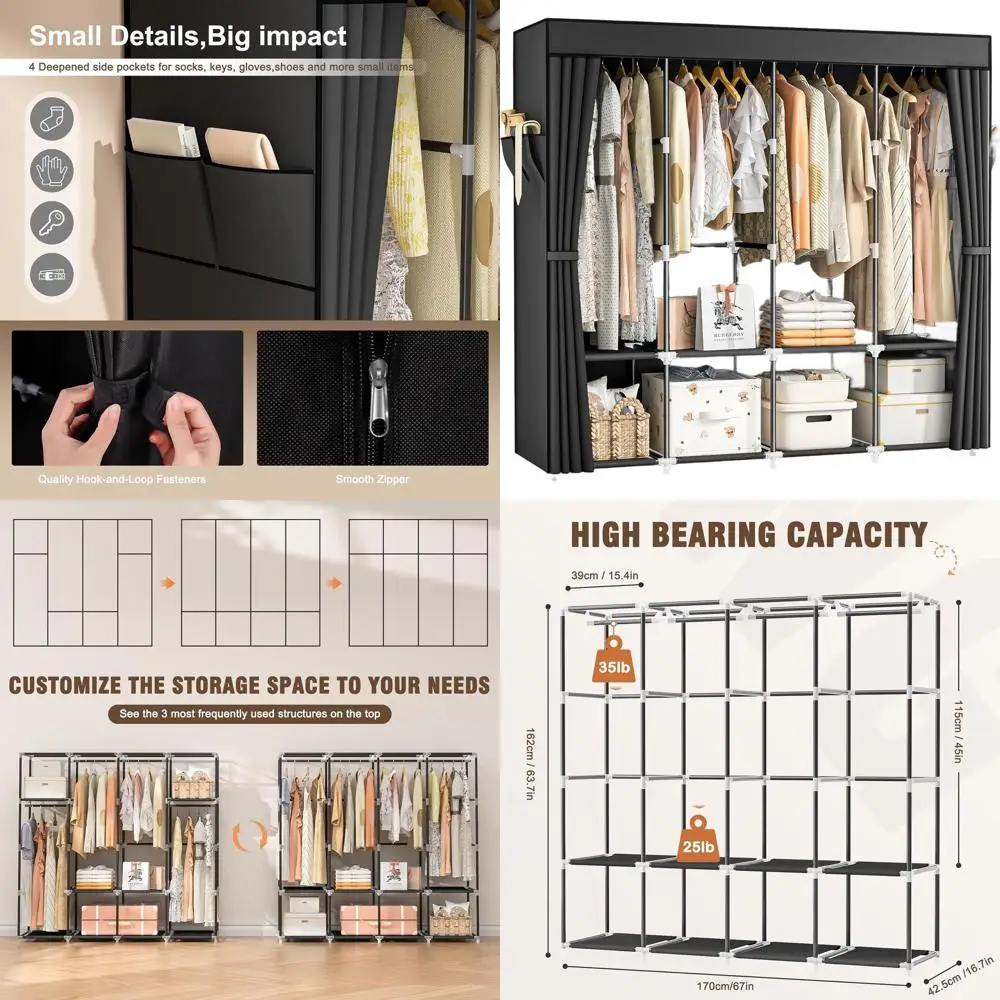 

66 Portable Hanging Closet Organizer with Cover, 4 Rods, 8 Shelves, 2 Pockets - Black