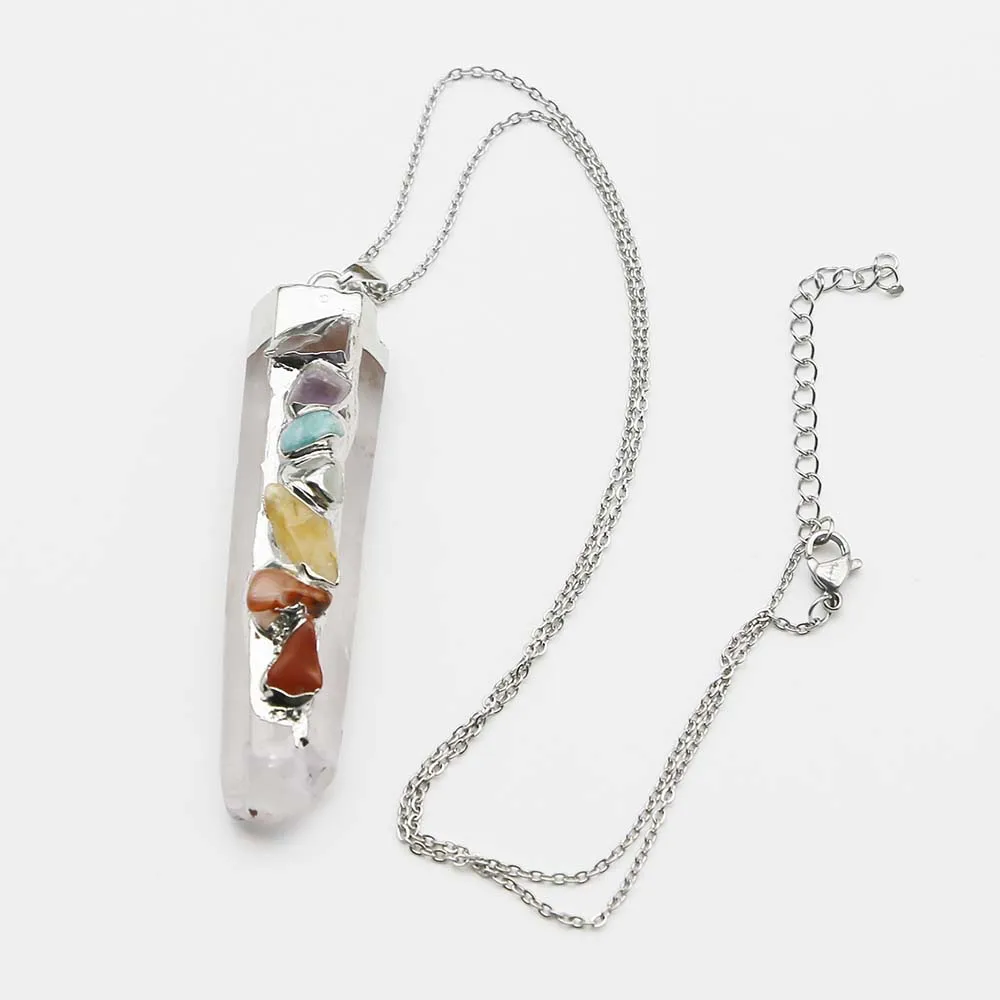 Natural Silver Plated 7 Color White Crystal Pillar Pendants Stainless Steel Chain Necklace Fashion Charms Jewelry Wholesale 4Pcs