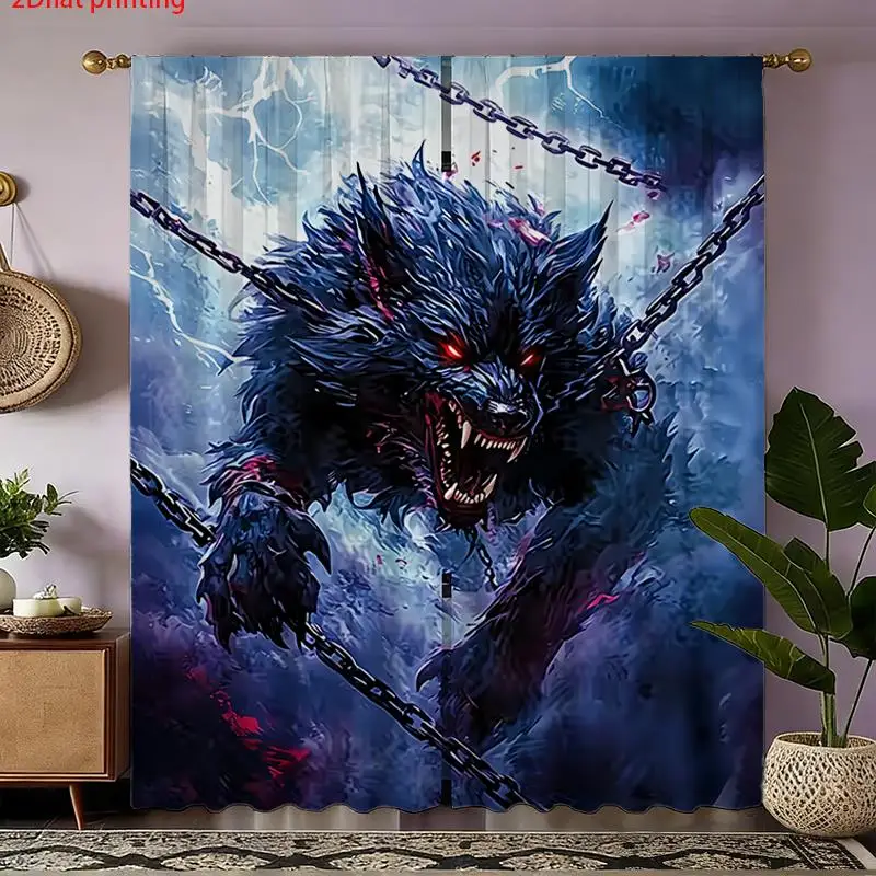 Werewolf Chains Curtain, Scary Wolf Monster Window Drape, Blue Lightning Blackout Panel, Gothic Horror Room Decor, Man Cave Gift