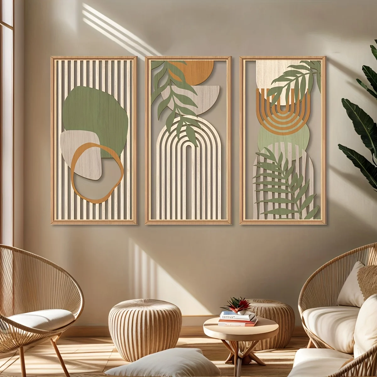 

Large Boho Abstract Wall Art Framed Mid-century Modern Wood Wall Decor Panels Set Of 3 , Decorations for Home, Bedroom 16"x32"