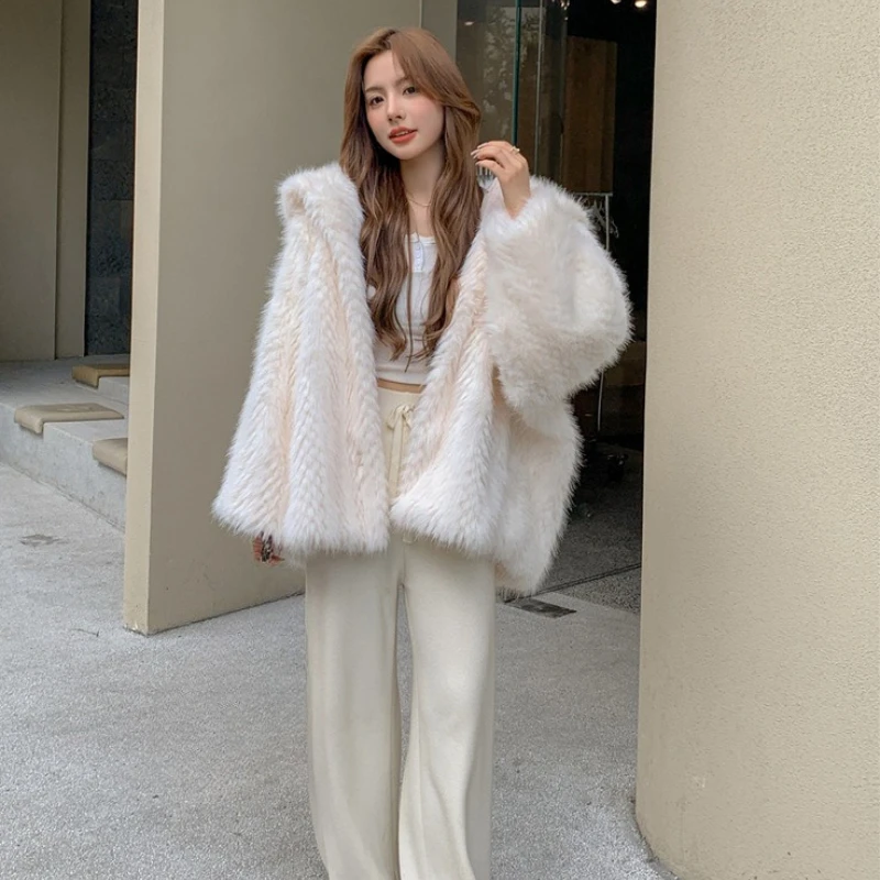 

New Big Hooded Fur Winter Popular Fluffy Coat Women's Clothing Large Size Loose Plush Clothes Comfortable and Beautiful