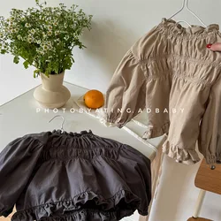 2024 Autumn New Children Dolman Sleeve Lace Shirts Solid Girls Fashion Loose Tops Toddler Baby Casual Shirts Kids Clothes