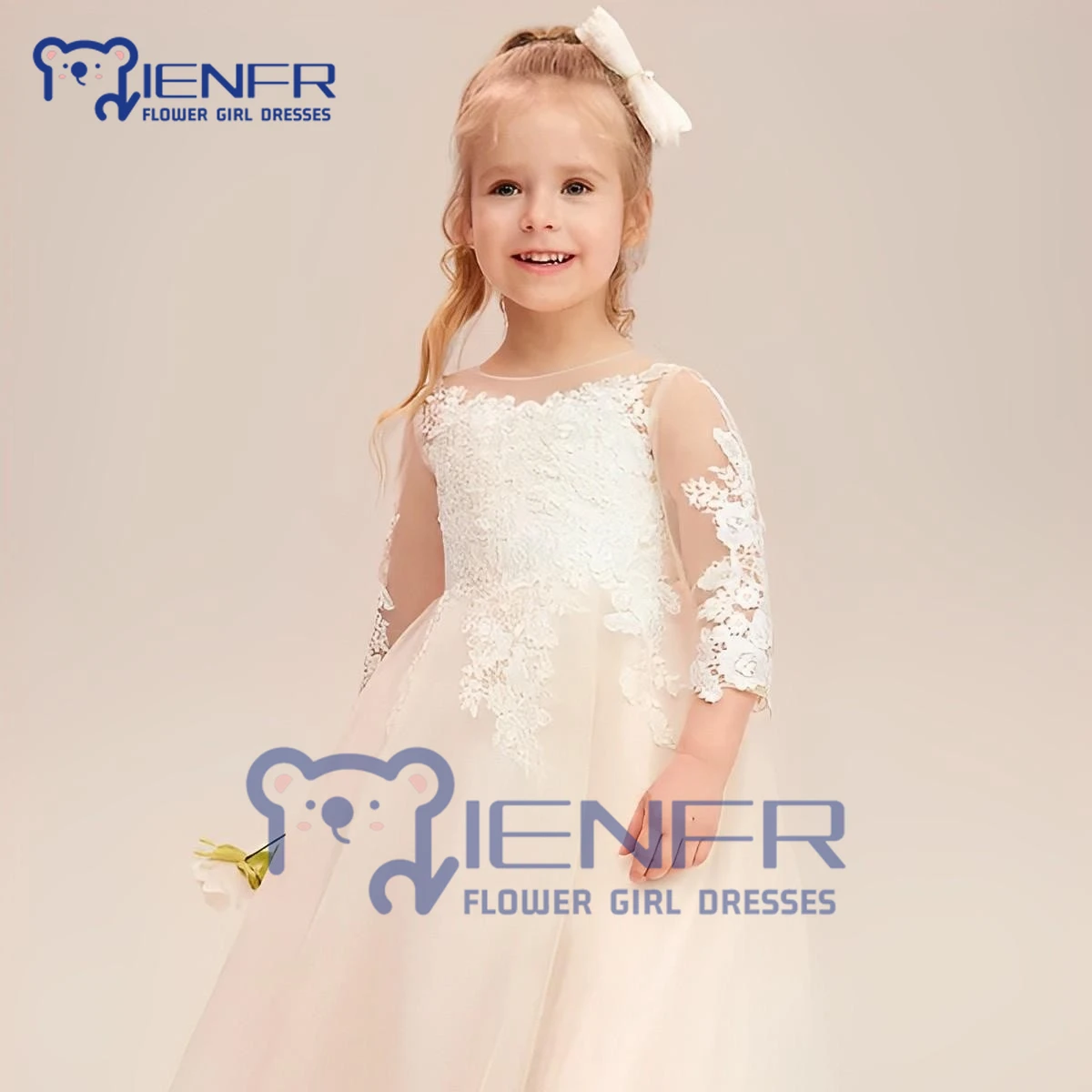 

2023 Custom Champagne Lace Long Sleeve Floor Length Flower Girl Dresses for Weddings Bridesmaids First Communion Princess Dress