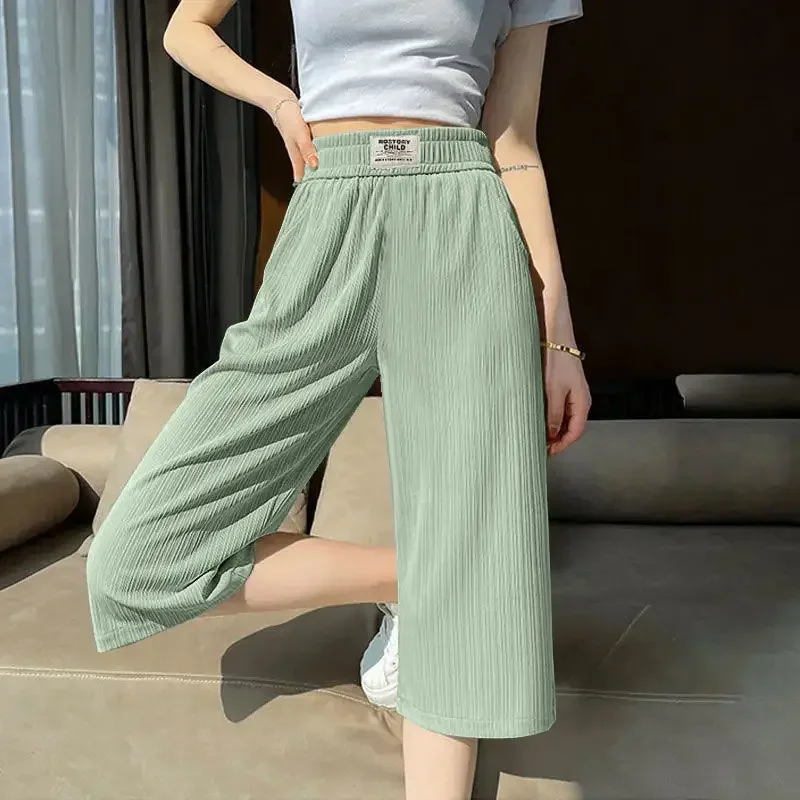 طيات الكورية السراويل واسعة الساق الصيف رقيقة بلون عالية الخصر مرونة الملابس النسائية كل مباراة مستقيم فضفاض السراويل الجديدة