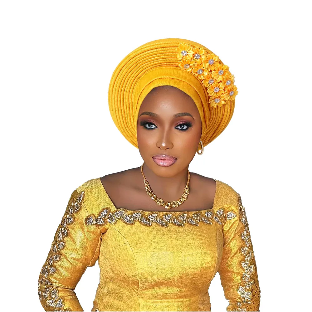 Nigerian Wedding Gele, Heavy Duty Glitter Layered Headwrap with Adhesive Flowers & Ties, African Party Headpiece