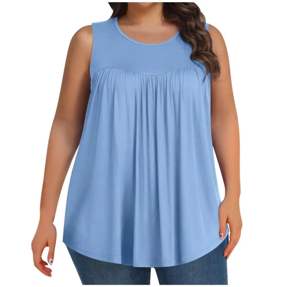 

Casual Blusas Sleeveless Tops T Shirt Tees Women's T-shirts Simple Style All-match Commuting Loose Solid ColorPleated Round Neck