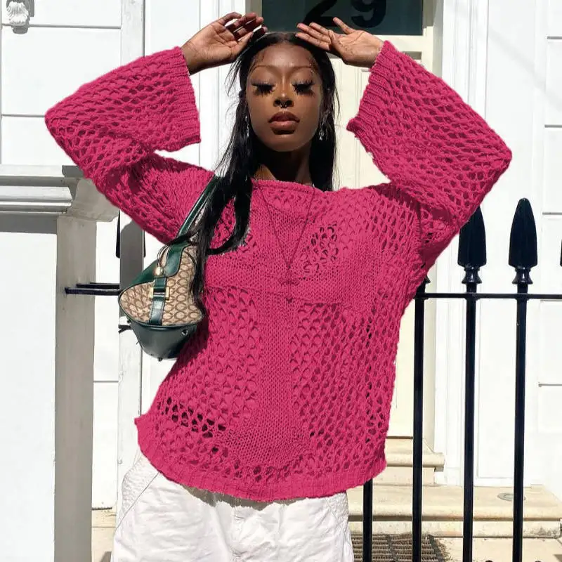 New Women's 2026 Summer Crew Neck Hollow Air Conditioning Shirt Perspective Beach Knitted Sweater