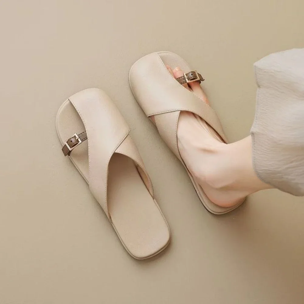 Luxe Soft Leather Thong Mules with Buckle Strap Flat Backless Slides Premium Comfort Summer Shoes Dressy Casual Streetwear