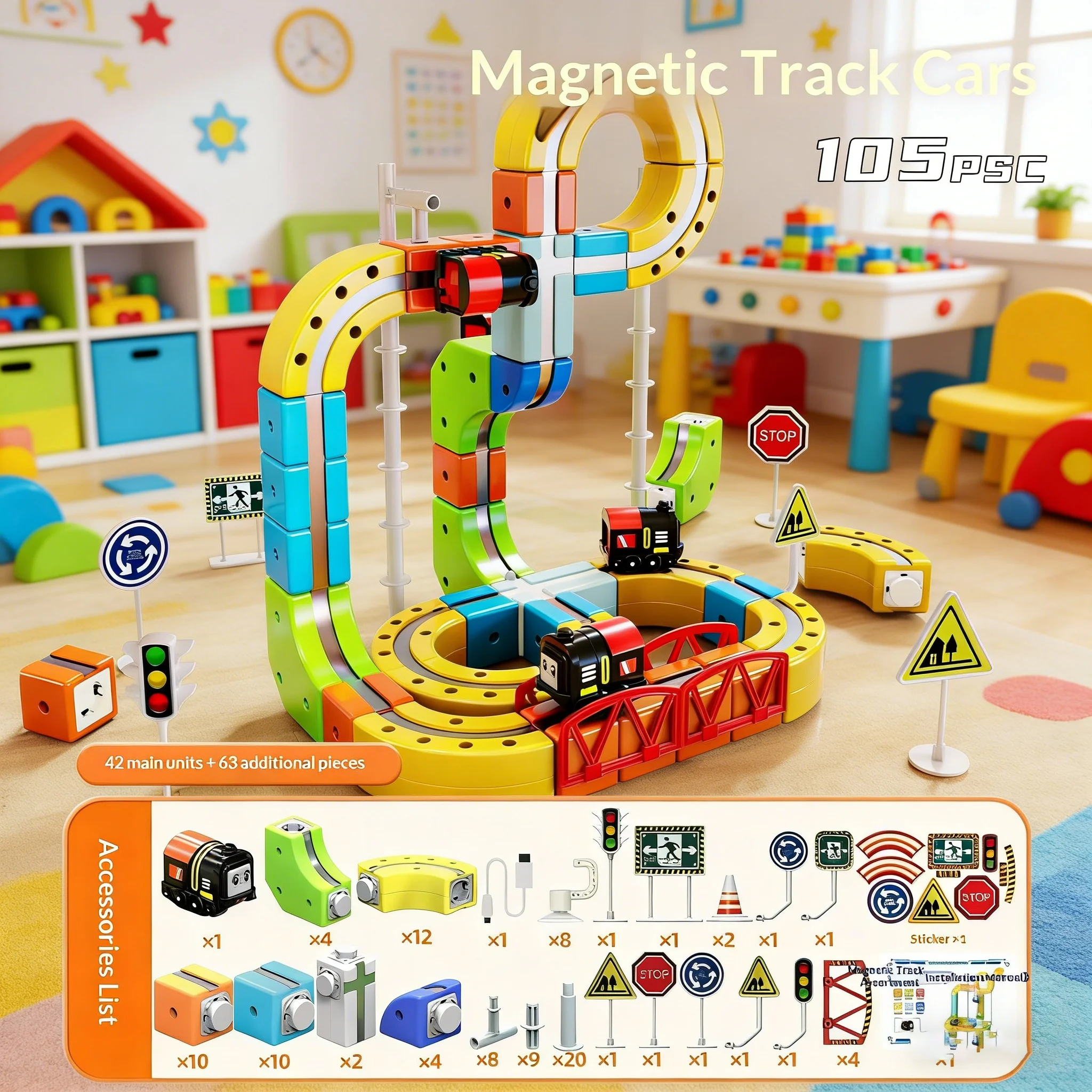 

Горячий набор: 105 деталей, магнитный антигравитационный конструктор-железная дорога для детей, гибкая изменяемая магическая железная дорога, электрическая сборная игрушка, подарок для детей