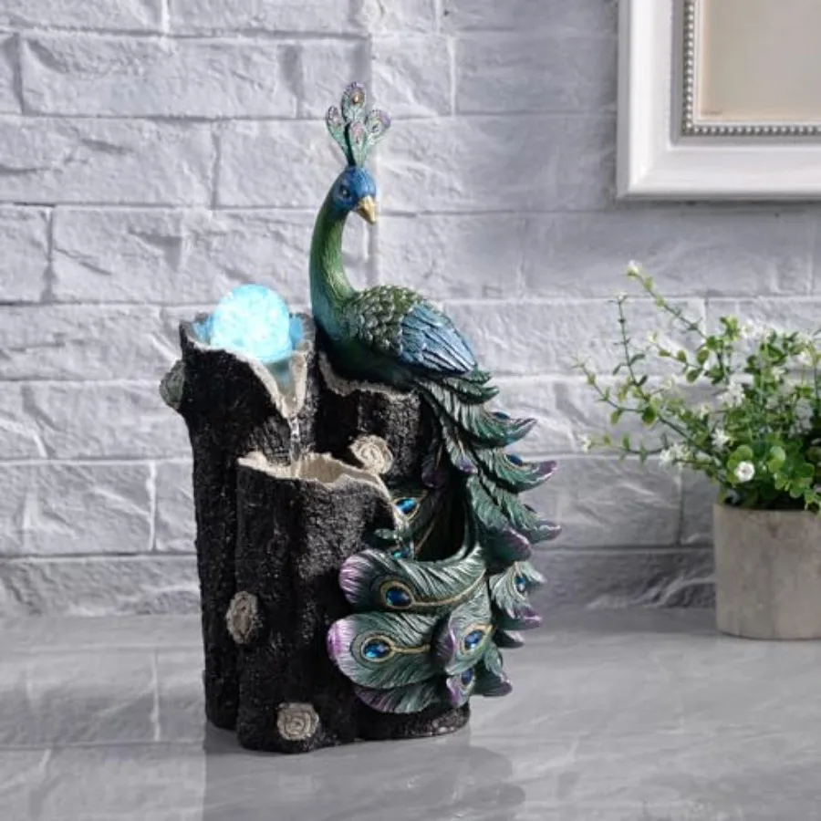 

Tabletop Peacock Waterfall Fountain 13.39" Indoor Water Feature with Rotating Glass Globe and LED Light-Up Base Desktop Zen Fou