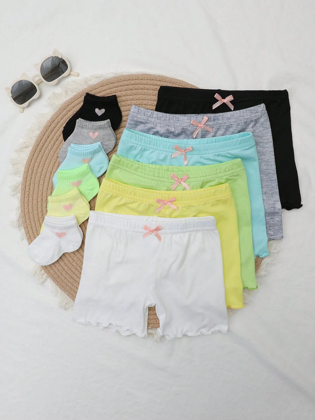6 Pairs of Baby Girls' Safety Shorts and Socks Set Cute Bow Heart Mesh Breathable Toddler Meias Femininas Kids Summer Daily Wear