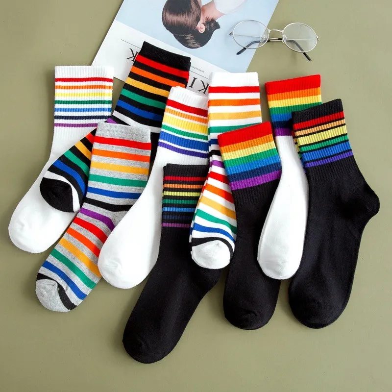 White Black Warm Funny Fashion Kawaii Streetwear Women Socks Candy Rainbow Striped LGBT Cute Short Winter Men Cotton Happy Socks