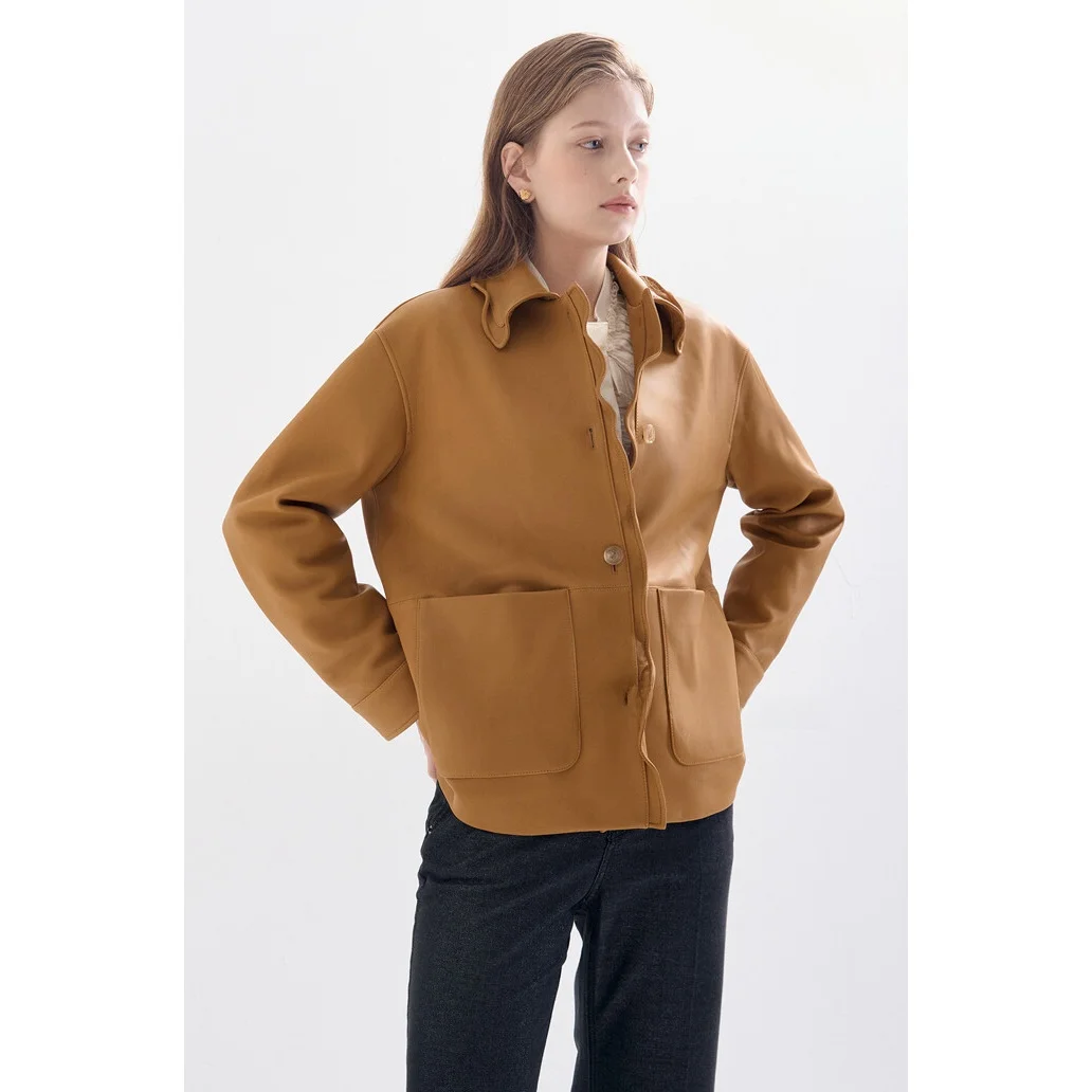 QPP Commute Sle سترة جلدية صناعية مع ياقة كشكش تصميم التخسيس للسيدات Faion قطعة واحدة معطف شتوي طويل Sve