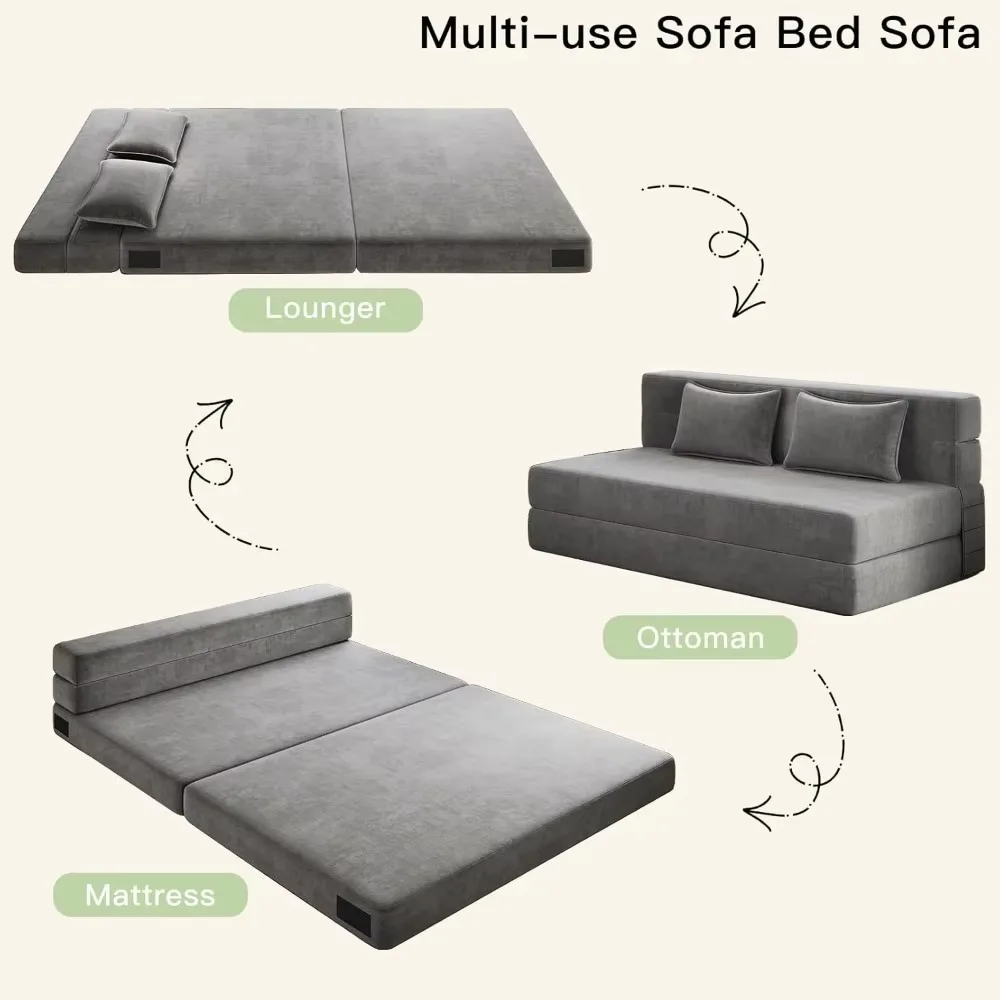 Fold-out sofa bed with 2 pillows with breathable and washable cover, convertible and easy to store，59.84 L x 76 W x 5.98 H inch