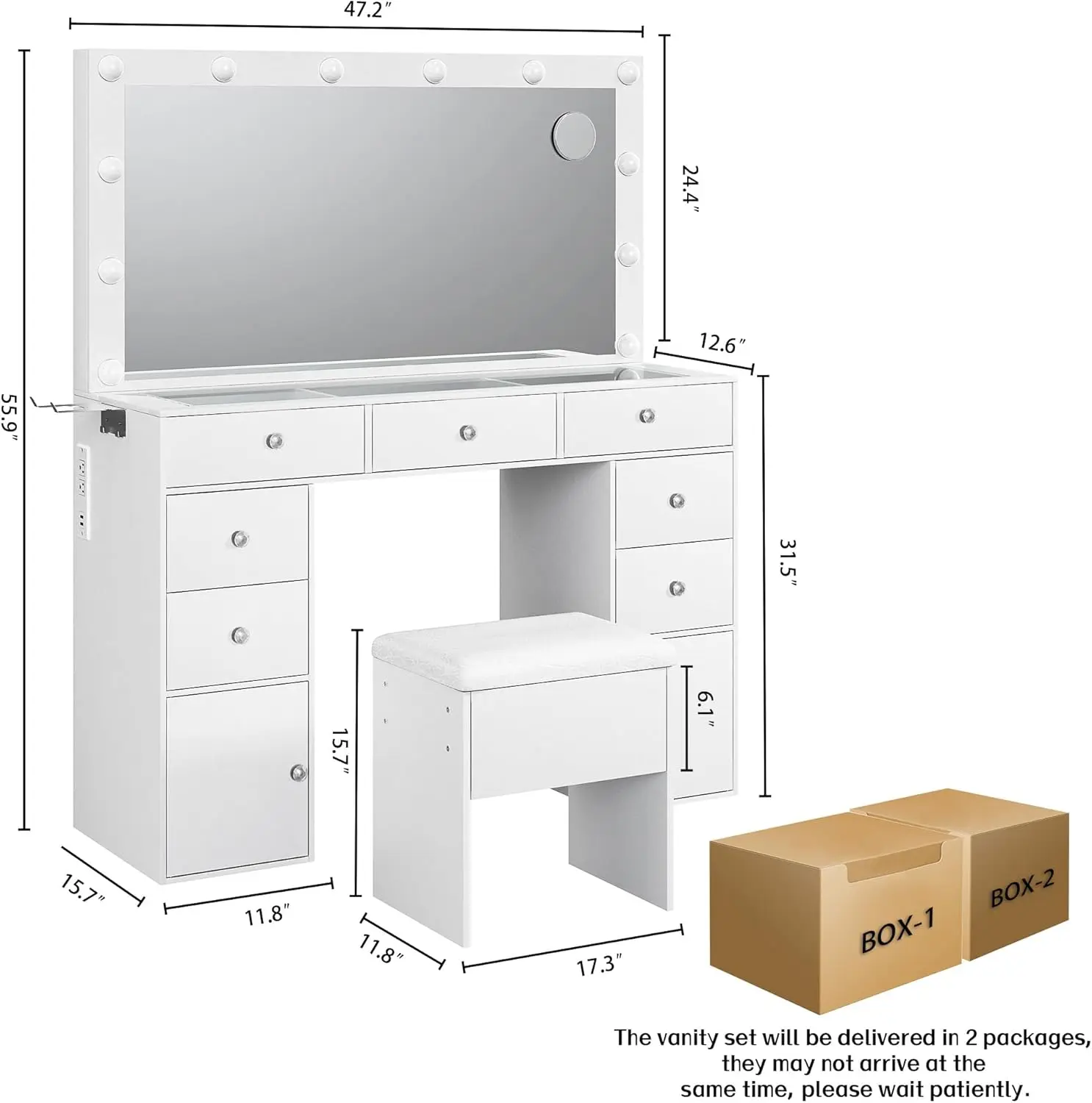 Haewon Vanity Desk with Power Outlet, Makeup Vanity Desk with Mirror and 12 LED Lights, 3 Lighting Modes Vanity Table with Chair