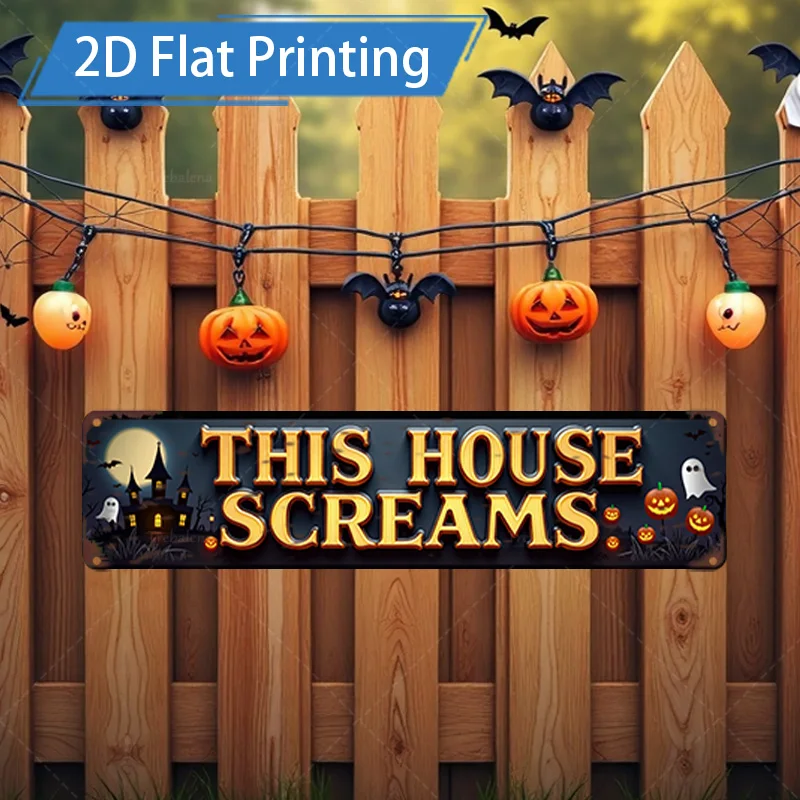 1 Stück 10,2 x 40,6 cm großes Metallschild „This House Screams“-Schild, 2D-Flachdruck, gruseliges Kürbis-Fledermaus-Dekor