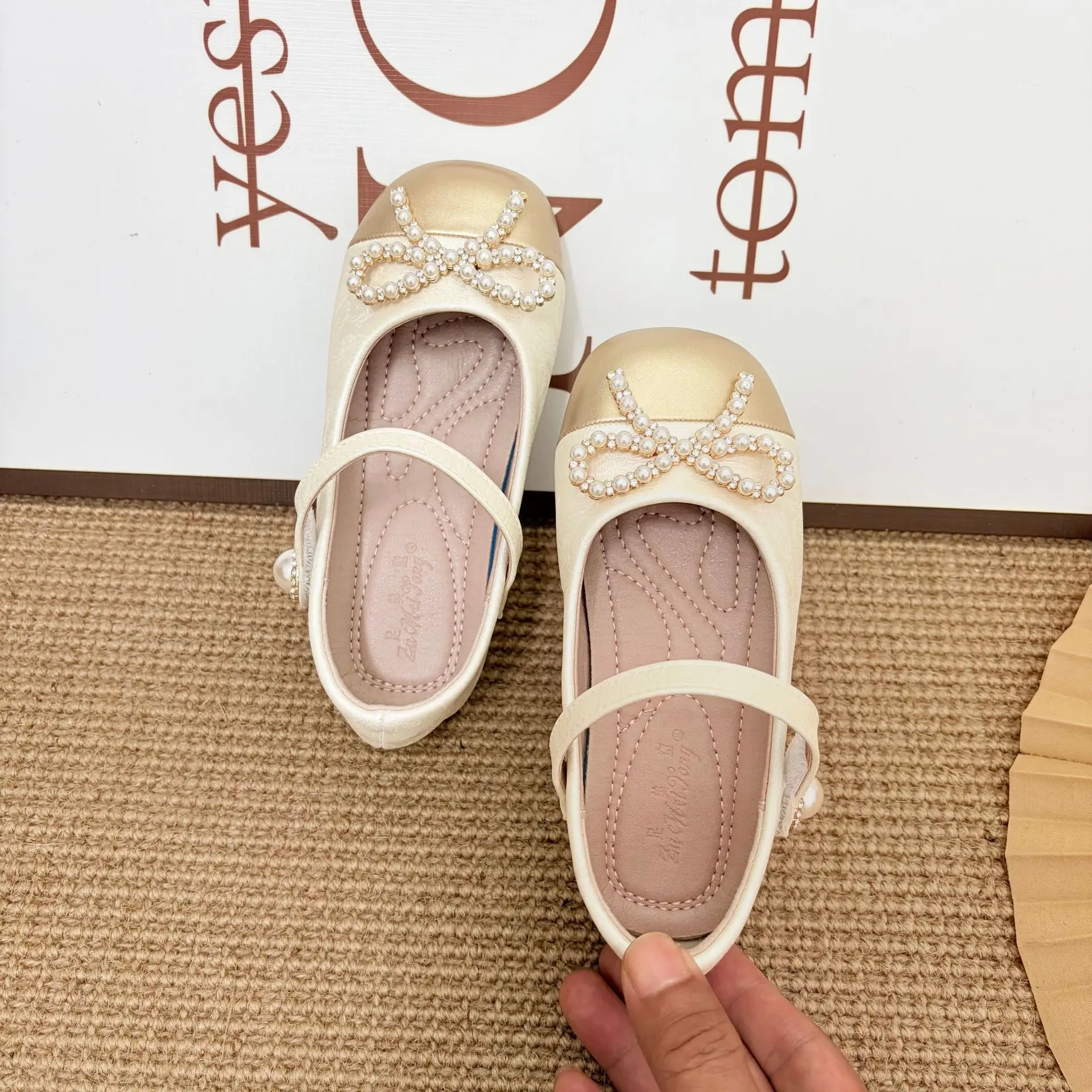Kids'Casual Shoes PU Leather Bow Pearl Spring Fashion Outdoor Flat Bottom Shoes For Girls Designer Anti-slip Gold Size 23-35