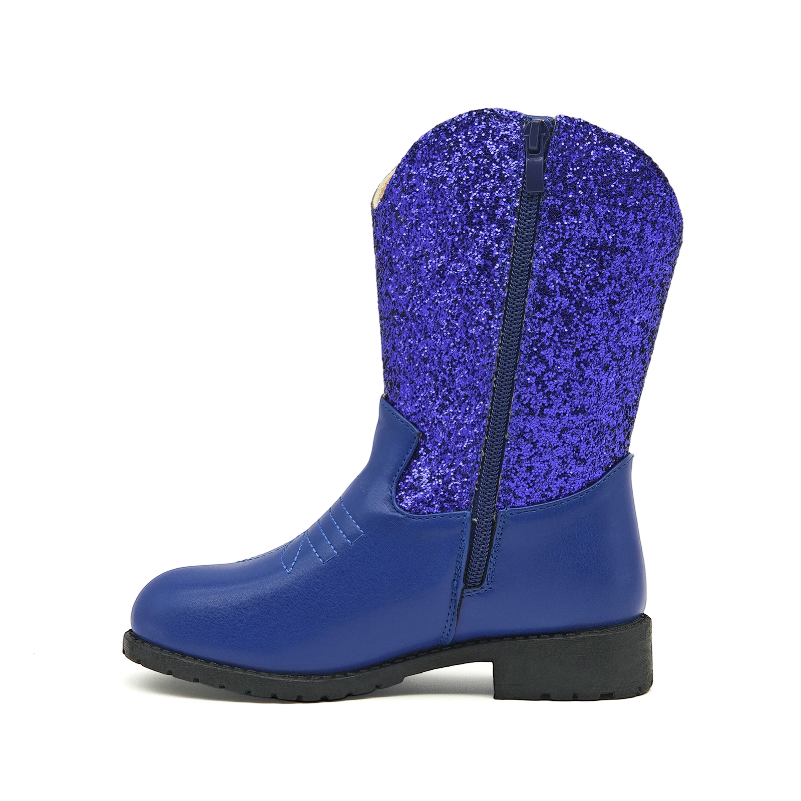 Girls Cowgirl Glitter Cowboy Boots Mid‑Calf Western Boots Side Zipper Low Block Heel Party Dress For Little & Big Kid