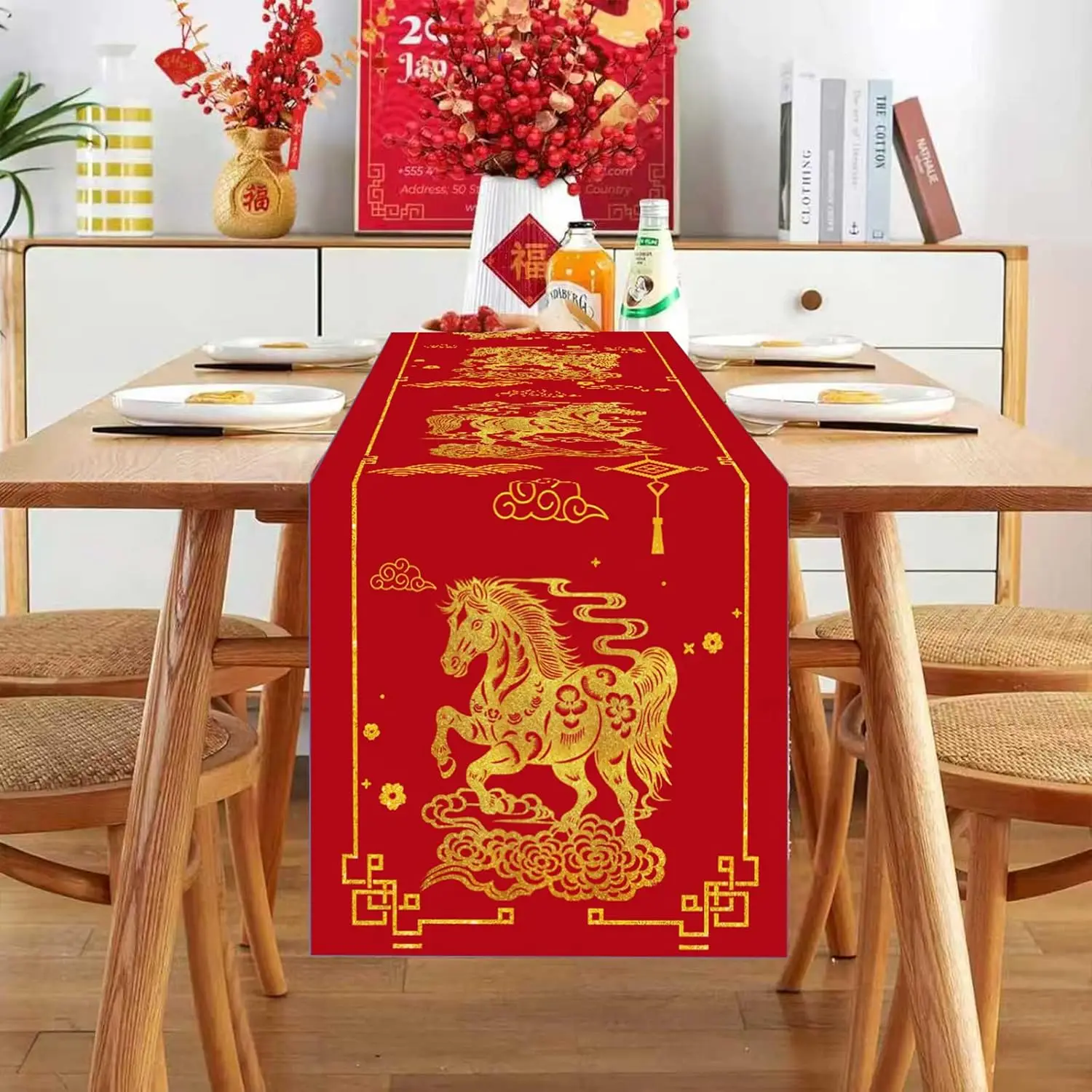 Chinese New Year Linen Table Runner Party Decor China 2026 Lunar New Year of The Horse Table Runners Spring Festival Decorations