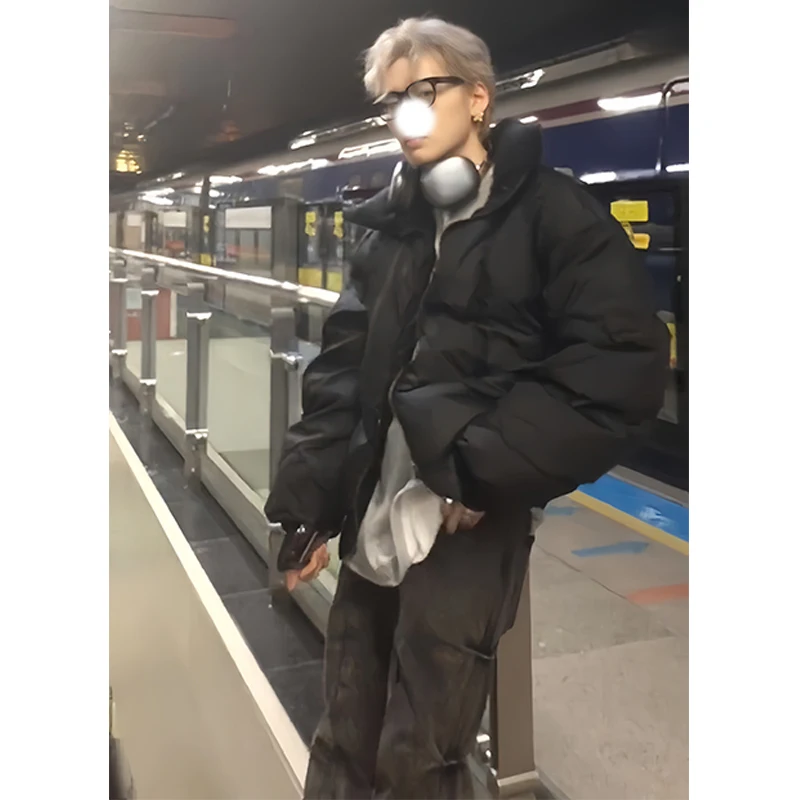 

Cleanfit ort PU Leather High Gloss down Cotton Jaet Men's Winter Thiened Cotton Coat American Retro Bread Coat Outerwear