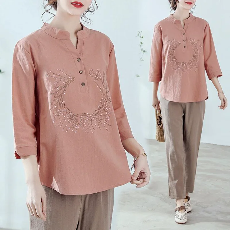 

Женская рубашка с вышивкой и рукавами 7 четвертей, новый весенне-осенний корейский свободный топ, закрывающий живот