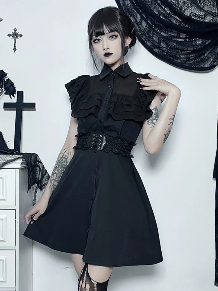 Gothic Mall Harajuku E Girl Dress Women Mesh Patchwork Black Slim A Line Dresses Sexy Party Grunge Aesthetic Streetwear