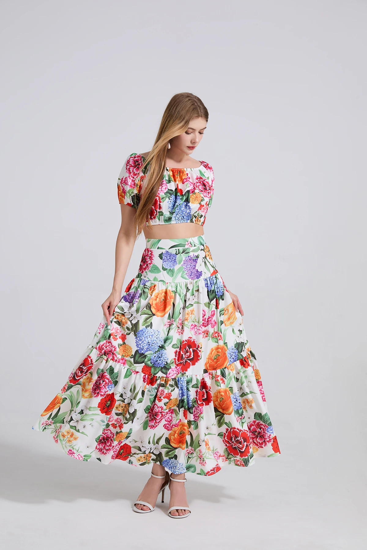 JAMERARY setelan wanita dua potong seksi motif bunga desainer merek Runway musim panas rok Maxi panjang atasan potong leher Slash