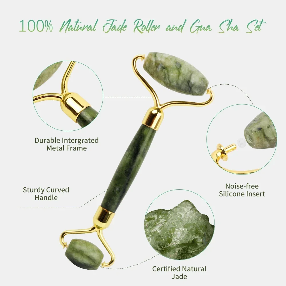 Masajeador Facial de piedra Natural, rodillo de Jade y juego Gua Sha para belleza Facial, ojos, cuello, Reduce líneas finas y arrugas, cuidado de la piel