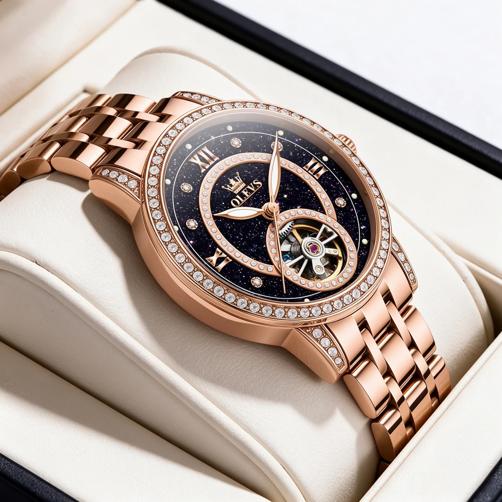 OLEVS Women Automatic Mechanical Watch Rose Gold Starry Sky Dial Diamond Bezel Hollow Waterproof Ladies Wristwatch Reloj Mujer