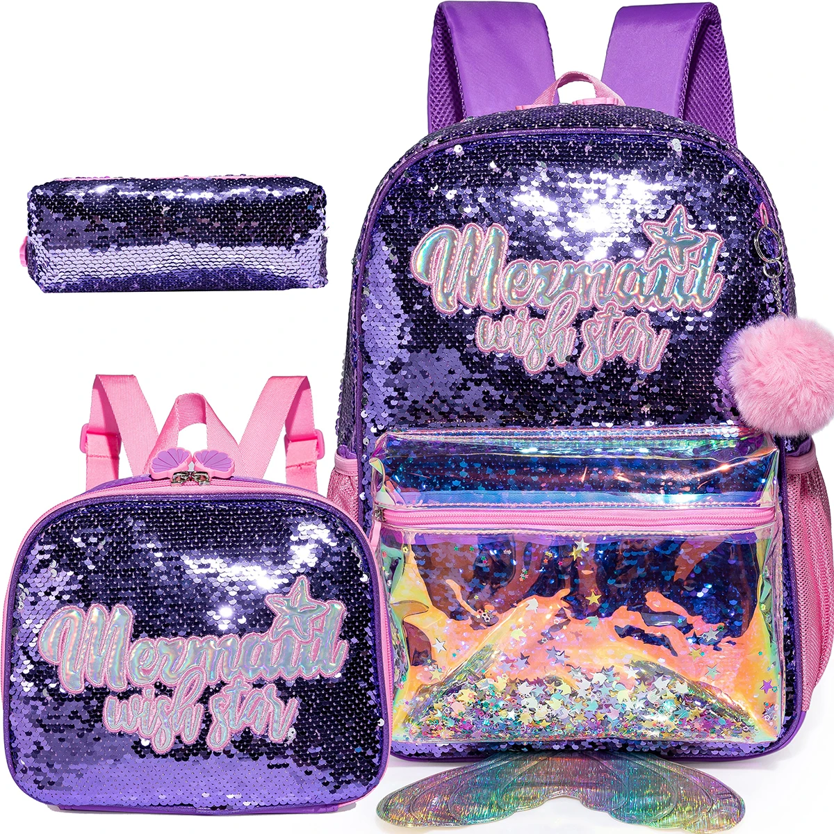 

3PCS Mermaid Backpack for Girls PU Leather Bookbag for Elementary School with Lunch Bag And PenBag