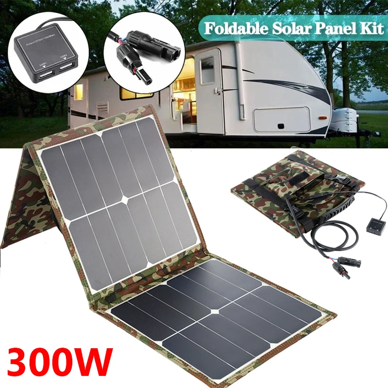 Folding Solar Panel 18V/5V 300W USB Battery Charger Kit Complete Power Bank Smart Phone Portable Foldable Rechargeable Camping