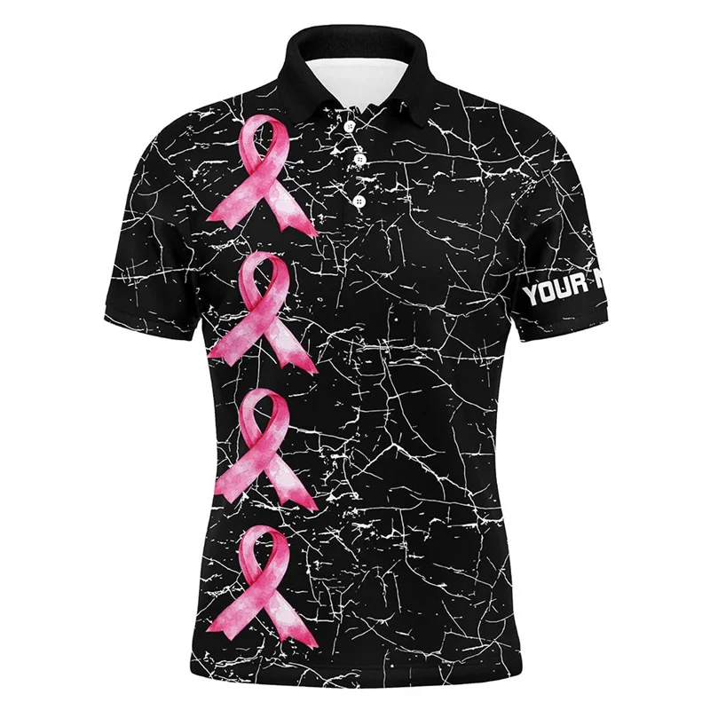 

Vintage 3D Custom Name Breast Cancer Awareness Golf-Printing Polo Shirt October Pink Ribbon Campaign Golf-Polo Shirts Clothing