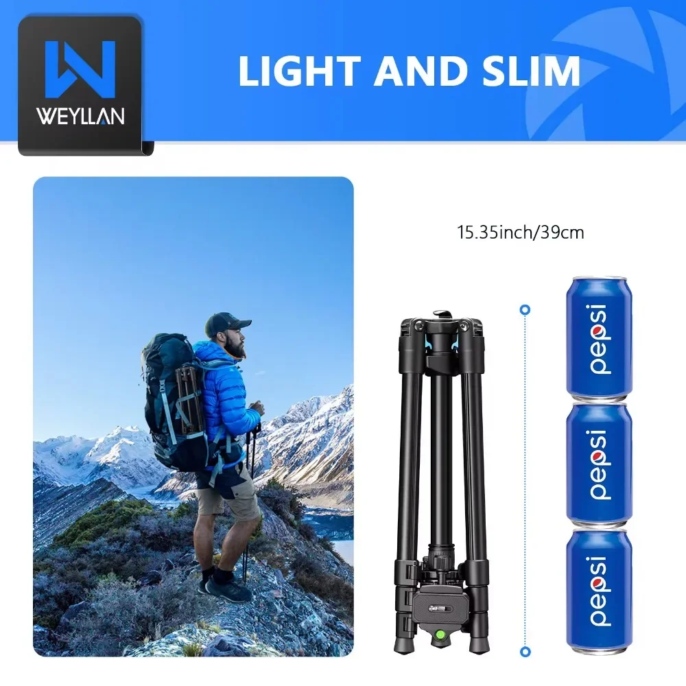 62.99in/163cm di altezza WEYLLAN EP5 treppiede portatile in lega di alluminio per fotocamera DSLR Canon Nikon 360 ° Panorama fotografia supporto per telefono