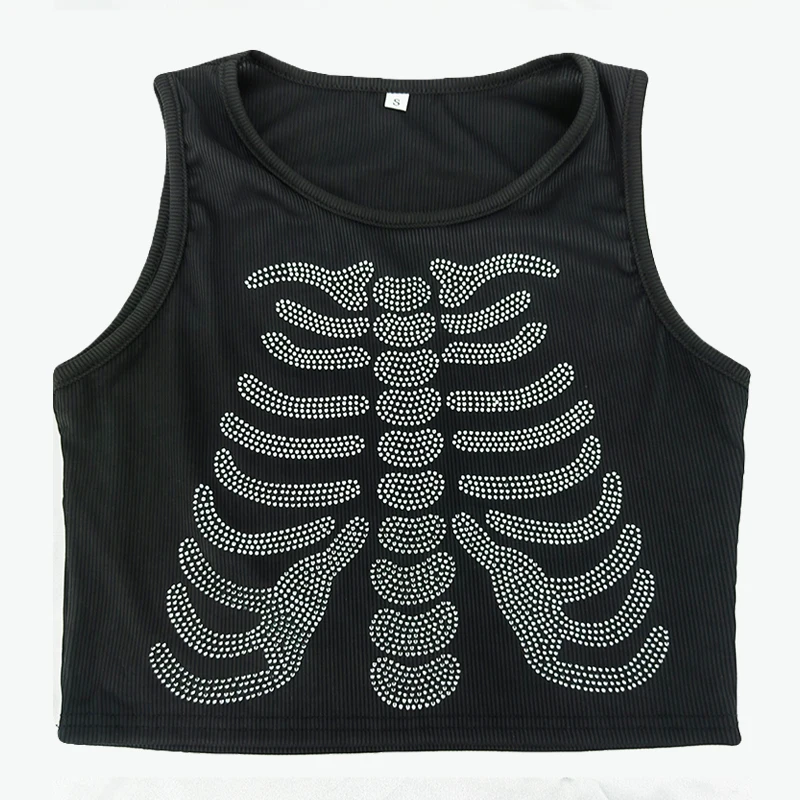 Women Summer Sleeveless Black Sexy Crop Tops Y2k Bling Skeleton Print Tank Top Girl Fashion O Neck Slim Vest Fashion 90s Clothes